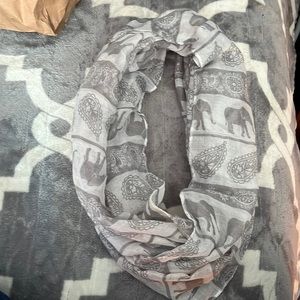 Infinity scarf. White and grey. Cute pattern with elephants.